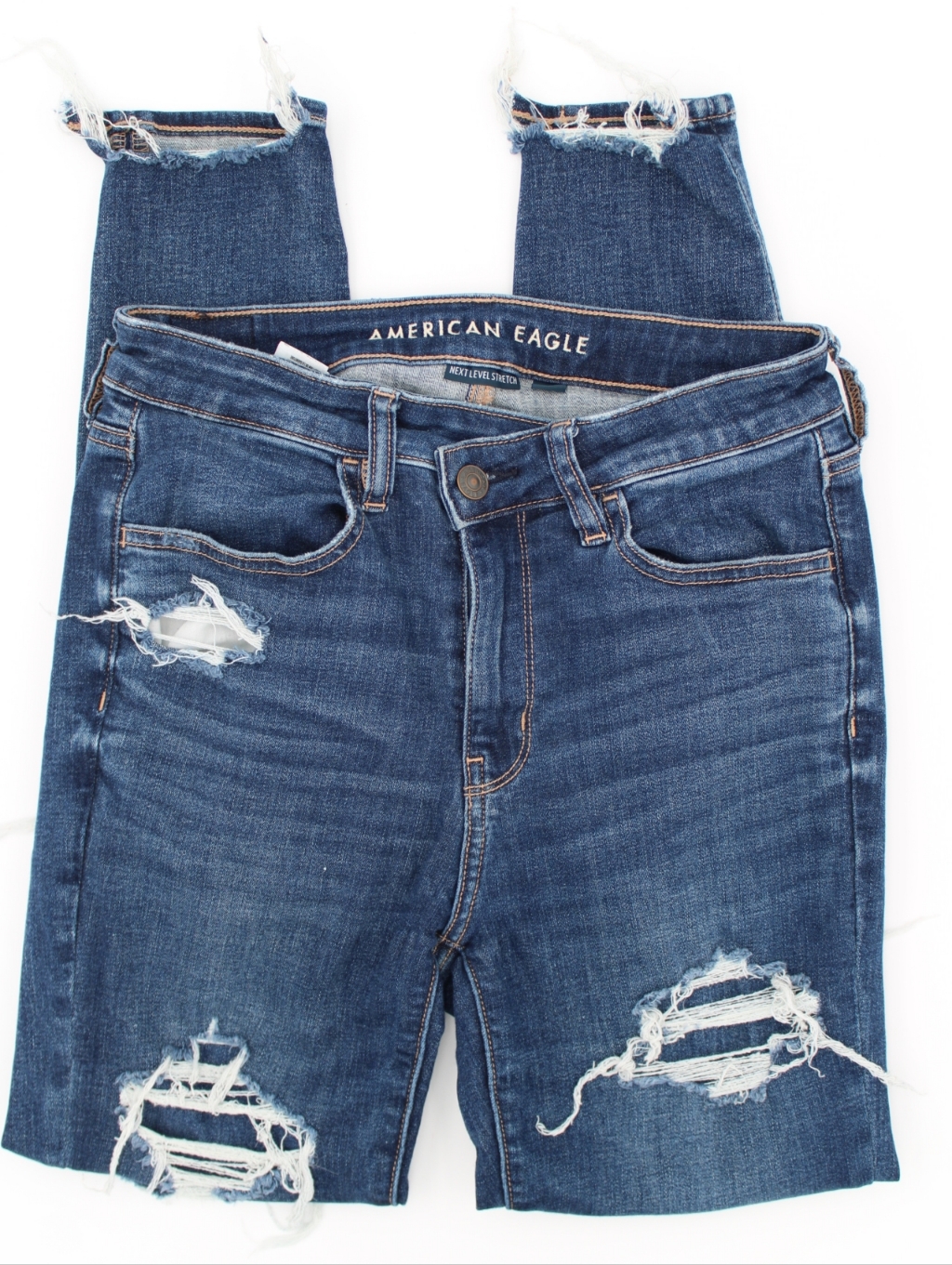 American Eagle Dark Wash Distressed Skinny Jeans Criss Cross Waist Size 6